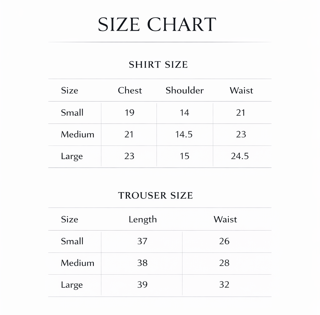 Size chart for shirts and trousers with measurements in centimeters.